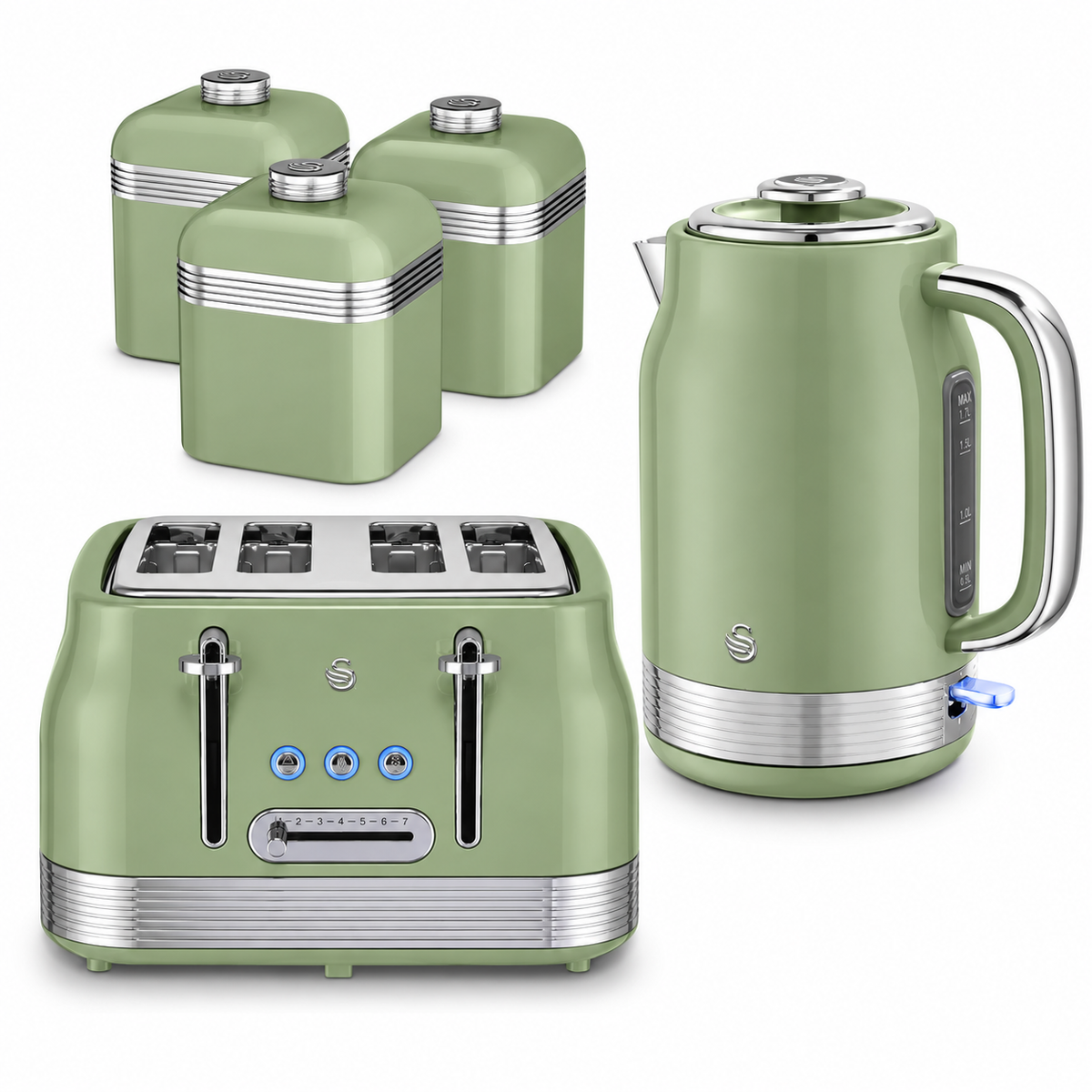 Swan Swan Retro Jug Kettle, 4 Slice Toaster & Canisters Kitchen Set (Green)