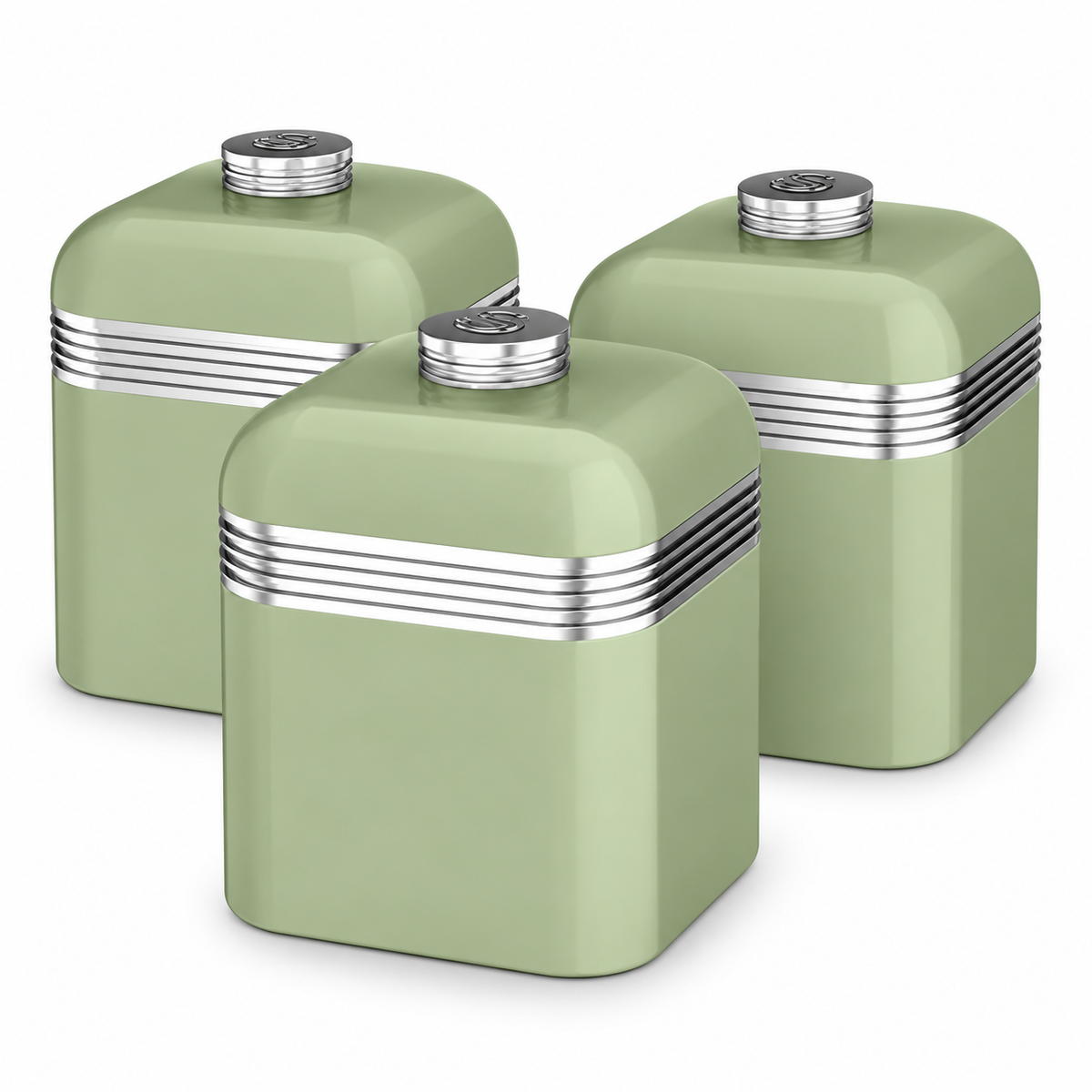 Swan Swan Retro Pyramid Kettle, 4 Slice Toaster, Bread Bin & Canisters Kitchen Set (Green)