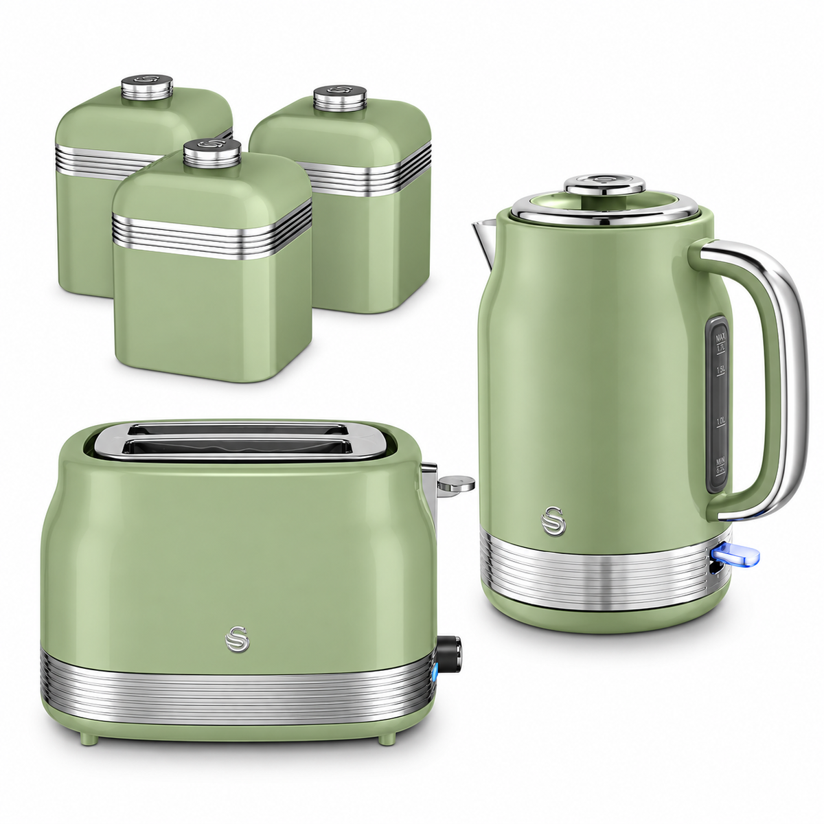 Swan Swan Retro Jug Kettle, 2 Slice Toaster & Canisters Kitchen Set (Green)