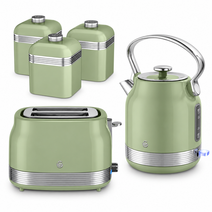 Swan Swan Retro Pyramid Kettle, 2 Slice Toaster & Canister Kitchen Set (Green)