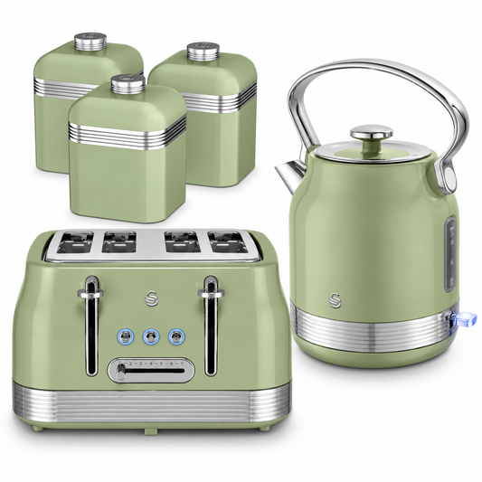 Swan Swan Retro Pyramid Kettle, 4 Slice Toaster & Canisters Kitchen Set (Green)