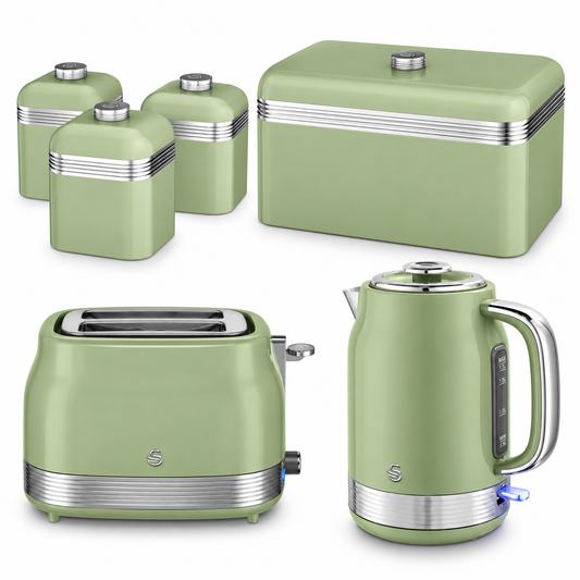 Swan Swan Retro Jug Kettle, 2 Slice Toaster, Bread Bin & Canisters Kitchen Set (Green)