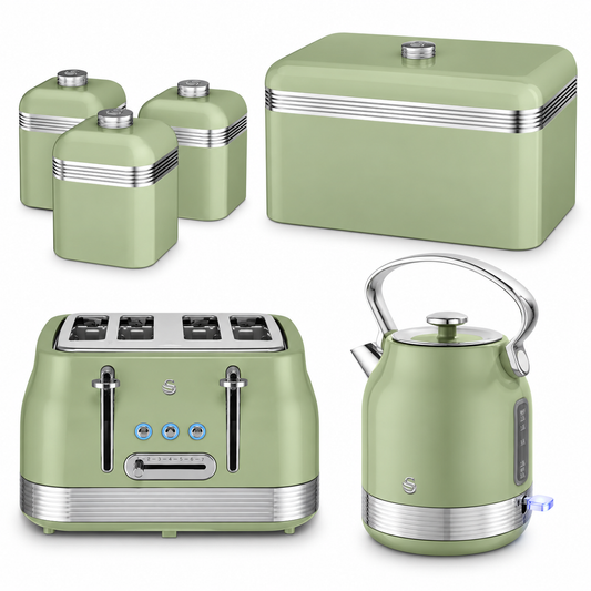 Swan Swan Retro Pyramid Kettle, 4 Slice Toaster, Bread Bin & Canisters Kitchen Set (Green)