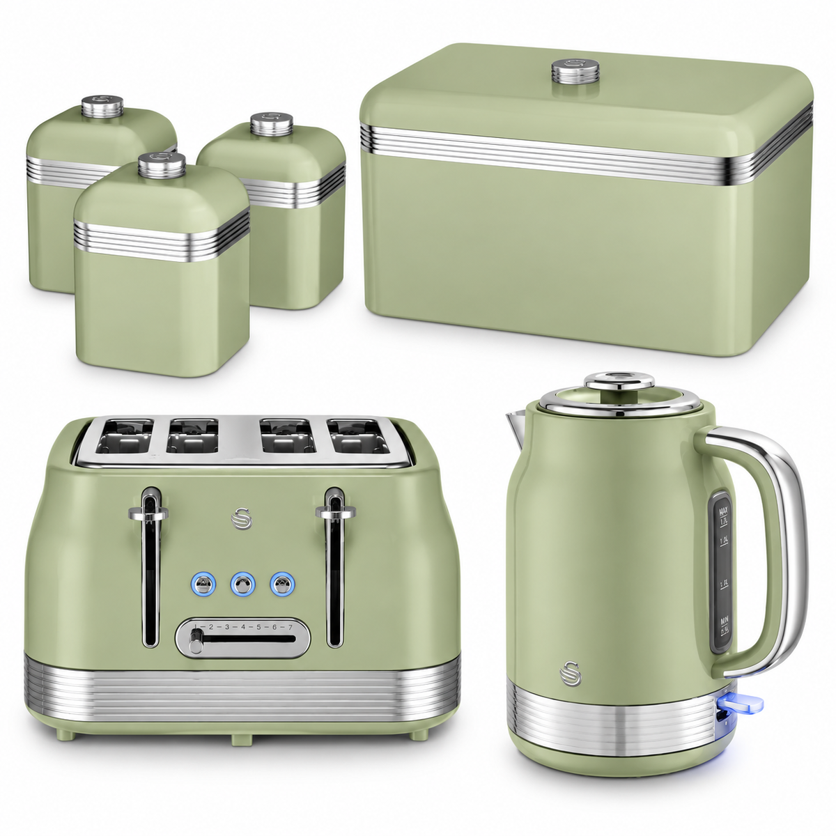 Swan Swan Retro Jug Kettle, 4 Slice Toaster, Bread Bin, Canisters Kitchen Set (Green)