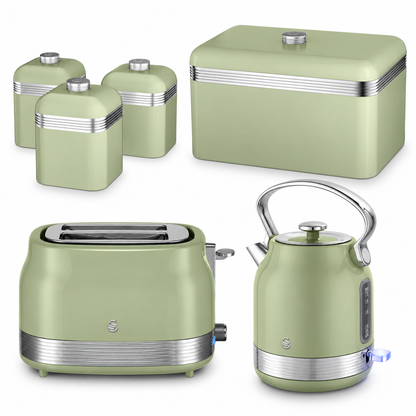 Swan Swan Retro Pyramid Kettle, 2 Slice Toaster, Bread Bin & Canisters Kitchen Set (Green)