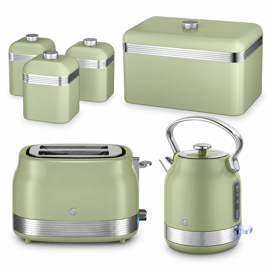 Swan Swan Retro Pyramid Kettle, 2 Slice Toaster, Bread Bin & Canisters Kitchen Set (Green)