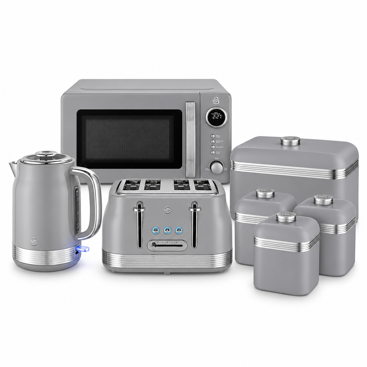Swan Swan Retro Jug Kettle, 4 Slice Toaster, Bread Bin, Canisters & Microwave (Grey)