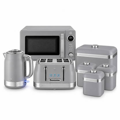 Swan Swan Retro Jug Kettle, 4 Slice Toaster, Bread Bin, Canisters & Microwave (Grey)