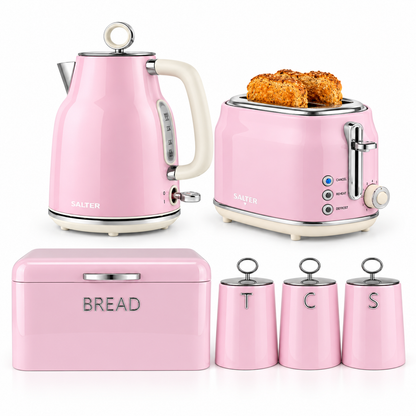 Salter Salter Retro Kettle, 2 Slice Toaster, Bread Bin & Canisters Kitchen Set (Pink)
