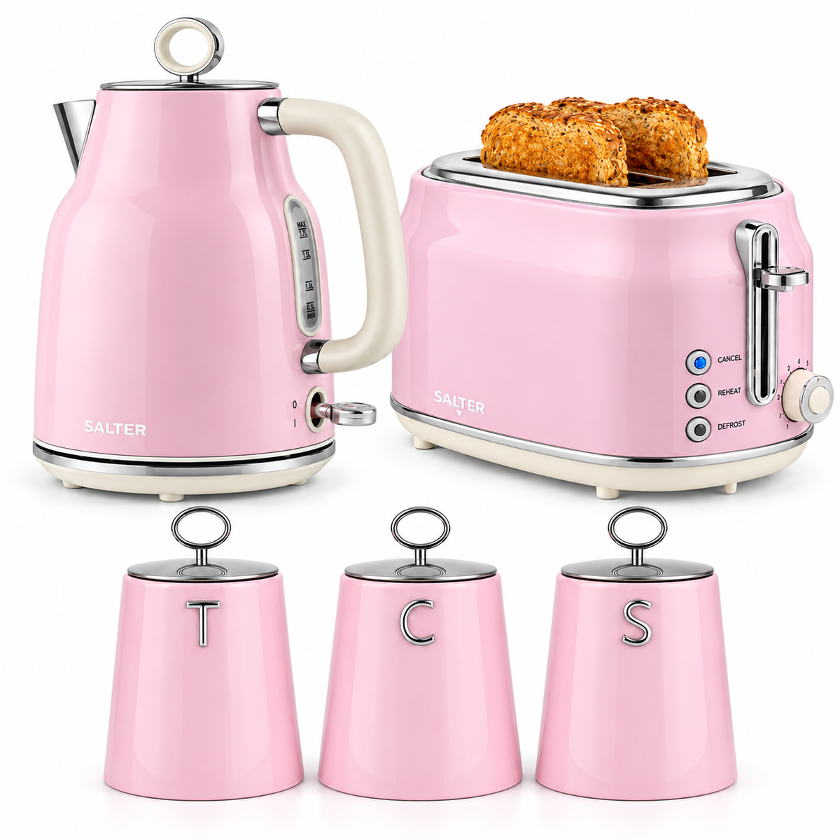 Salter Salter Retro Kettle, 2 Slice Toaster & Canisters Kitchen Set (Pink)