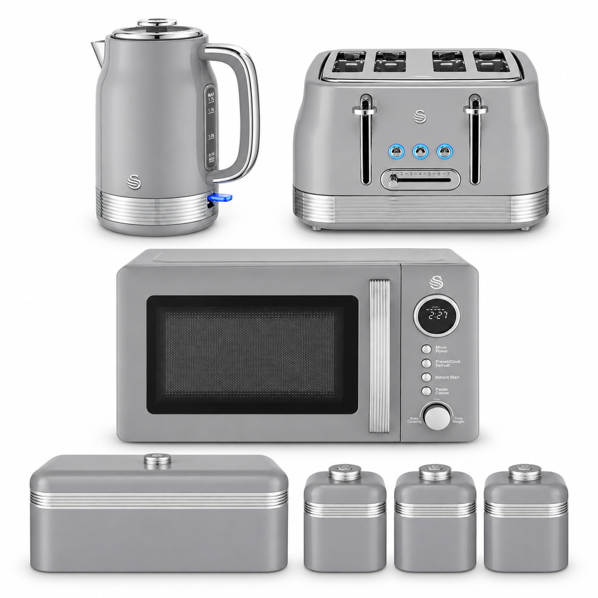 Swan Retro Jug Kettle, 4 Slice Toaster, Bread Bin, Canisters & Microwave (Grey)