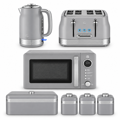 Swan Retro Jug Kettle, 4 Slice Toaster, Bread Bin, Canisters & Microwave (Grey)