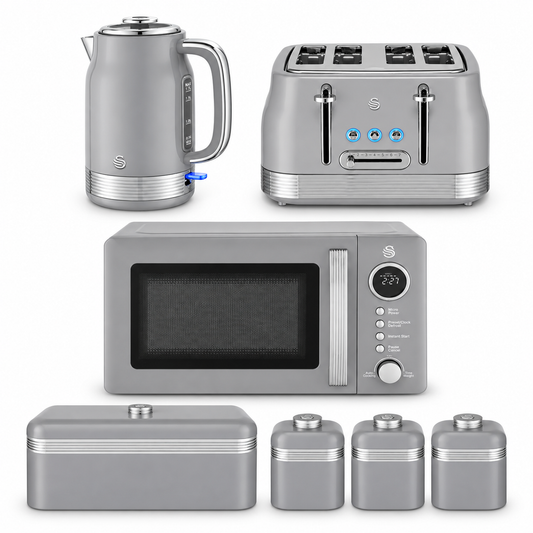 Swan Swan Retro Jug Kettle, 4 Slice Toaster, Bread Bin, Canisters & Microwave (Grey)