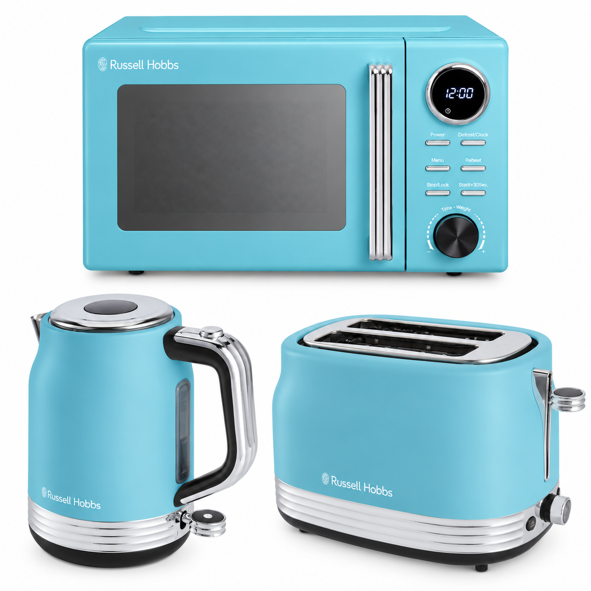 Russell Hobbs Hanley Kettle, 2 Slice Toaster & Digital Microwave Kitchen Set (Retro Blue)