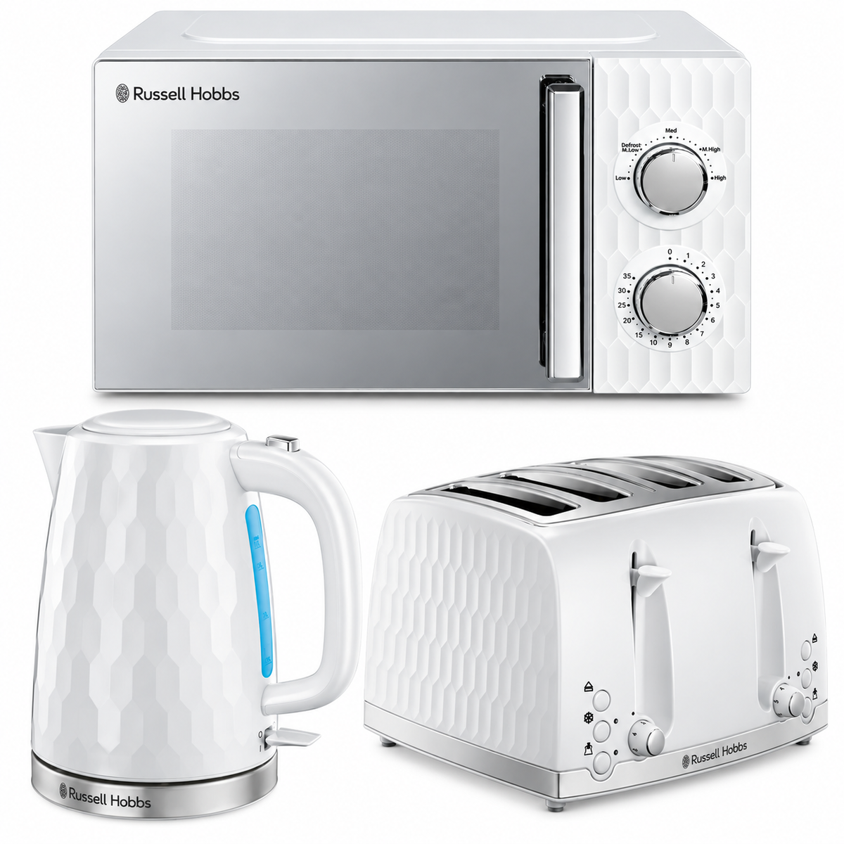 Russell Hobbs Honeycomb Kettle, 4 Slice Toaster & Manual Microwave Kitchen Set (White)