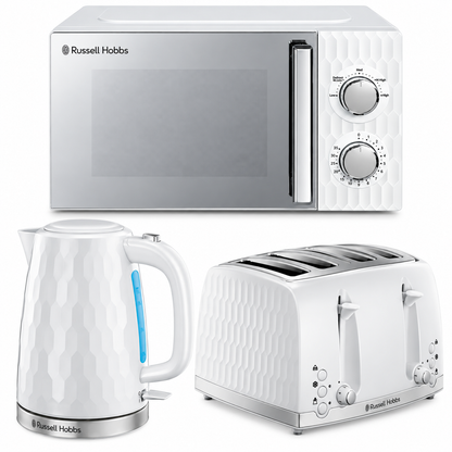 Russell Hobbs Honeycomb Kettle, 4 Slice Toaster & Manual Microwave Kitchen Set (White)