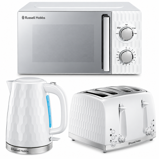 Russell Hobbs Russell Hobbs Honeycomb Kettle, 4 Slice Toaster & Manual Microwave Kitchen Set (White)