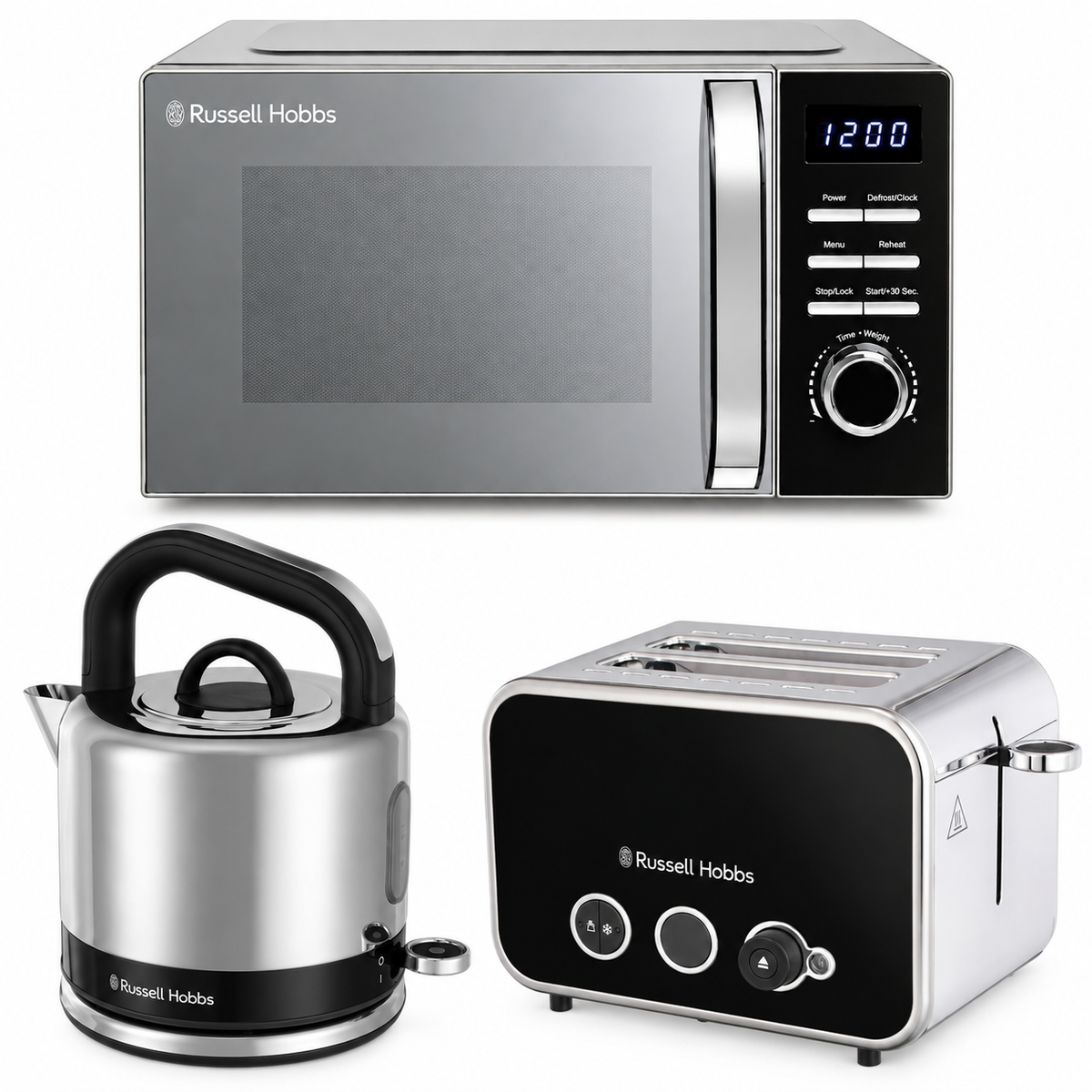 Russell Hobbs Distinctions Pyramid Kettle, 2 Slice Toaster & Microwave Kitchen Set (Black)