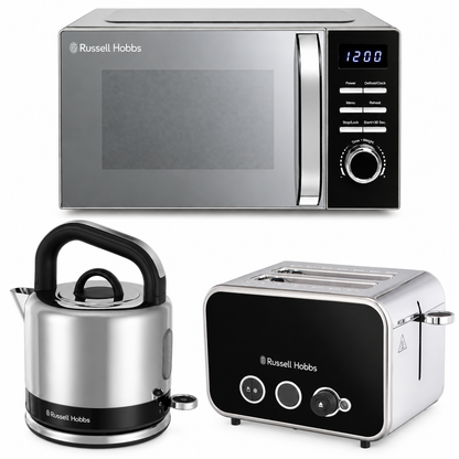 Russell Hobbs Distinctions Pyramid Kettle, 2 Slice Toaster & Microwave Kitchen Set (Black)