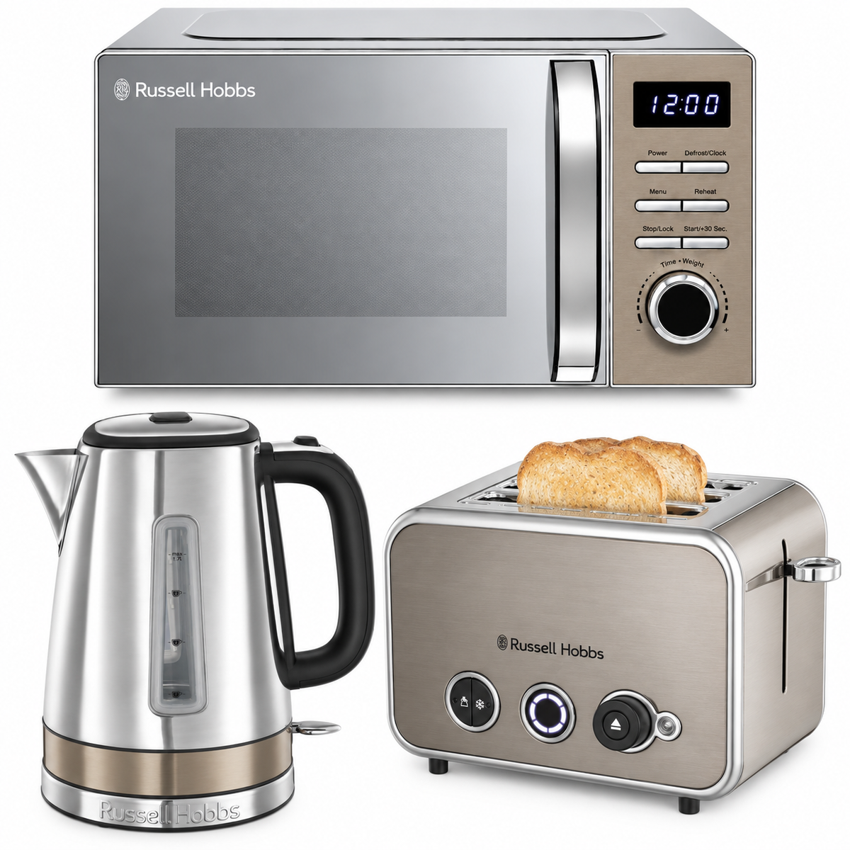 Russell Hobbs Distinctions Jug Kettle, 2 Slice Toaster & Microwave Kitchen Set (Titanium)