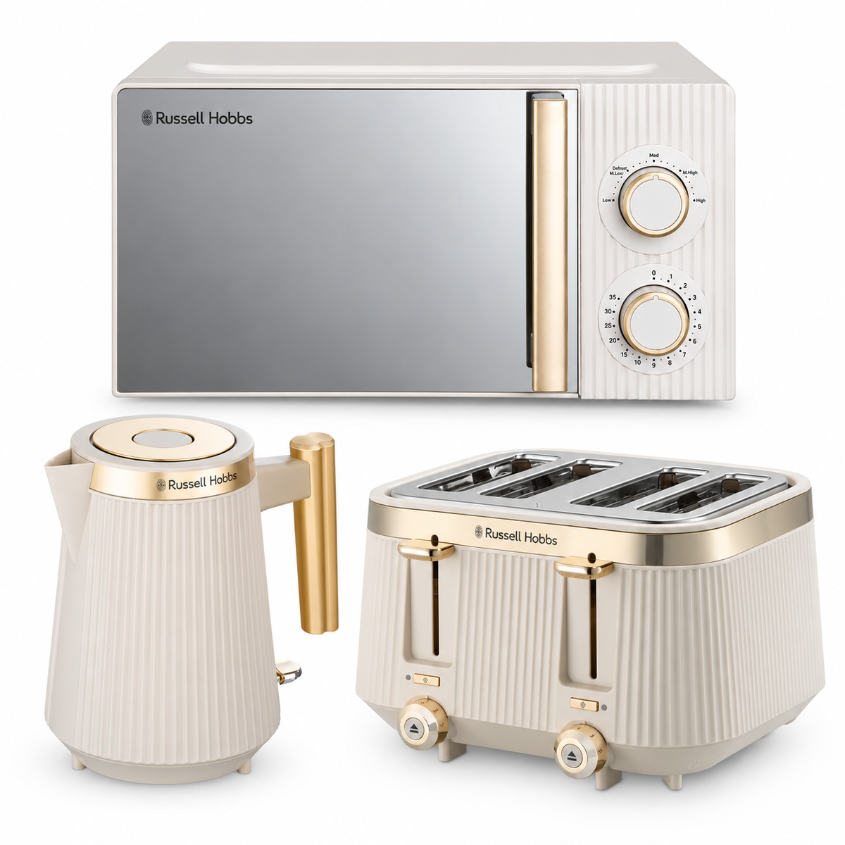 Russell Hobbs Bronte Kettle, 4 Slice Toaster & Manual Microwave Kitchen Set (Stone)