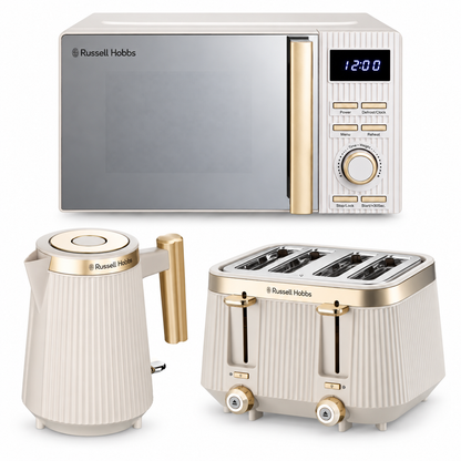 Russell Hobbs Bronte Kettle, 4 Slice Toaster & Digital Microwave Kitchen Set (Stone)