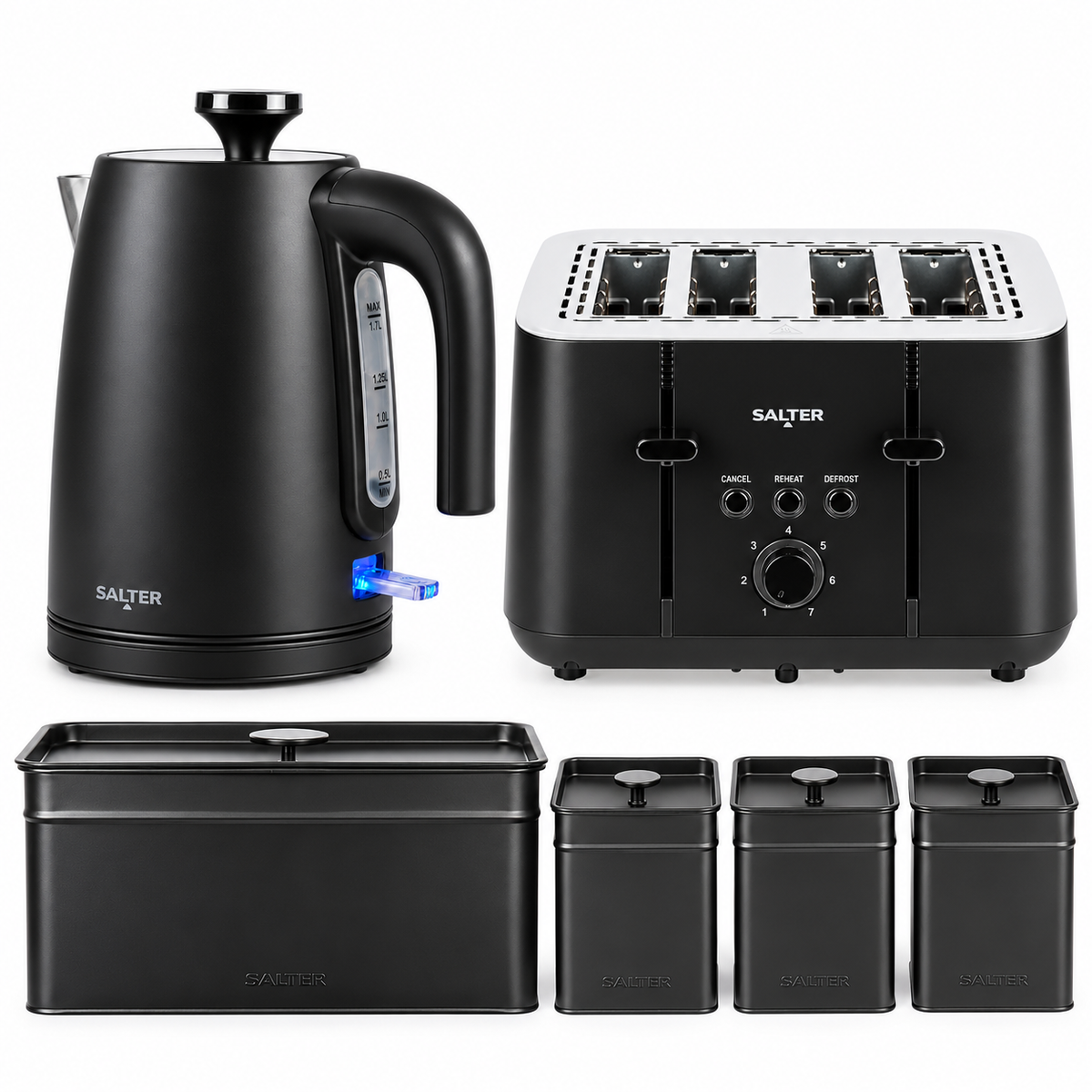 Salter Kuro Kettle, 4 Slice Toaster, Bread Bin & Canisters Kitchen Set (Matte Black)