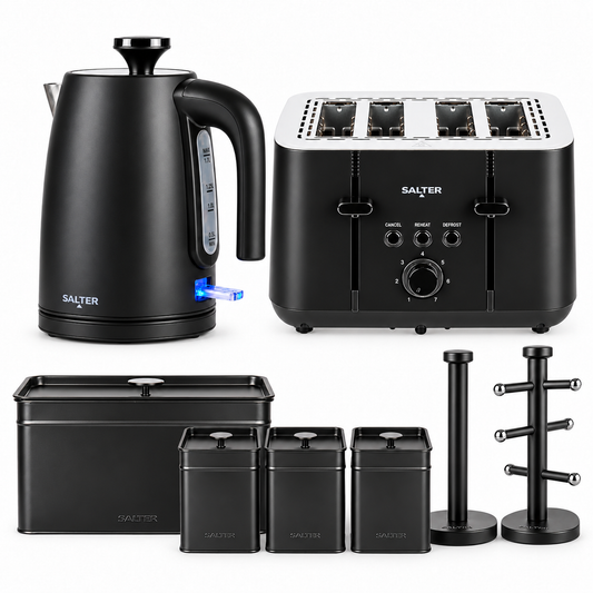 Salter Kuro Kettle, 4 Slice Toaster, Bread Bin, Canisters, Towel Pole & Mug Tree Set (Matte Black)