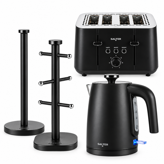 Salter Kuro Kettle, 4 Slice Toaster, Towel Pole & Mug Tree Kitchen Set (Matte Black)