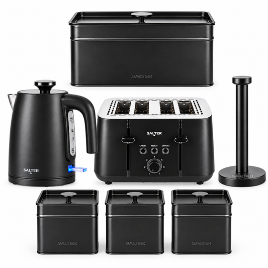 Salter Kuro Kettle, 4 Slice Toaster, Bread Bin, Canisters, Towel Pole Set (Matte Black)