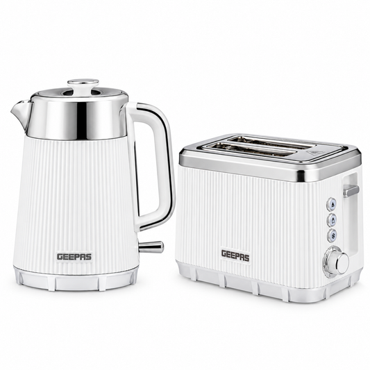 GEEPAS Arcus Kettle & 2 Slice Toaster Kitchen Set (White)
