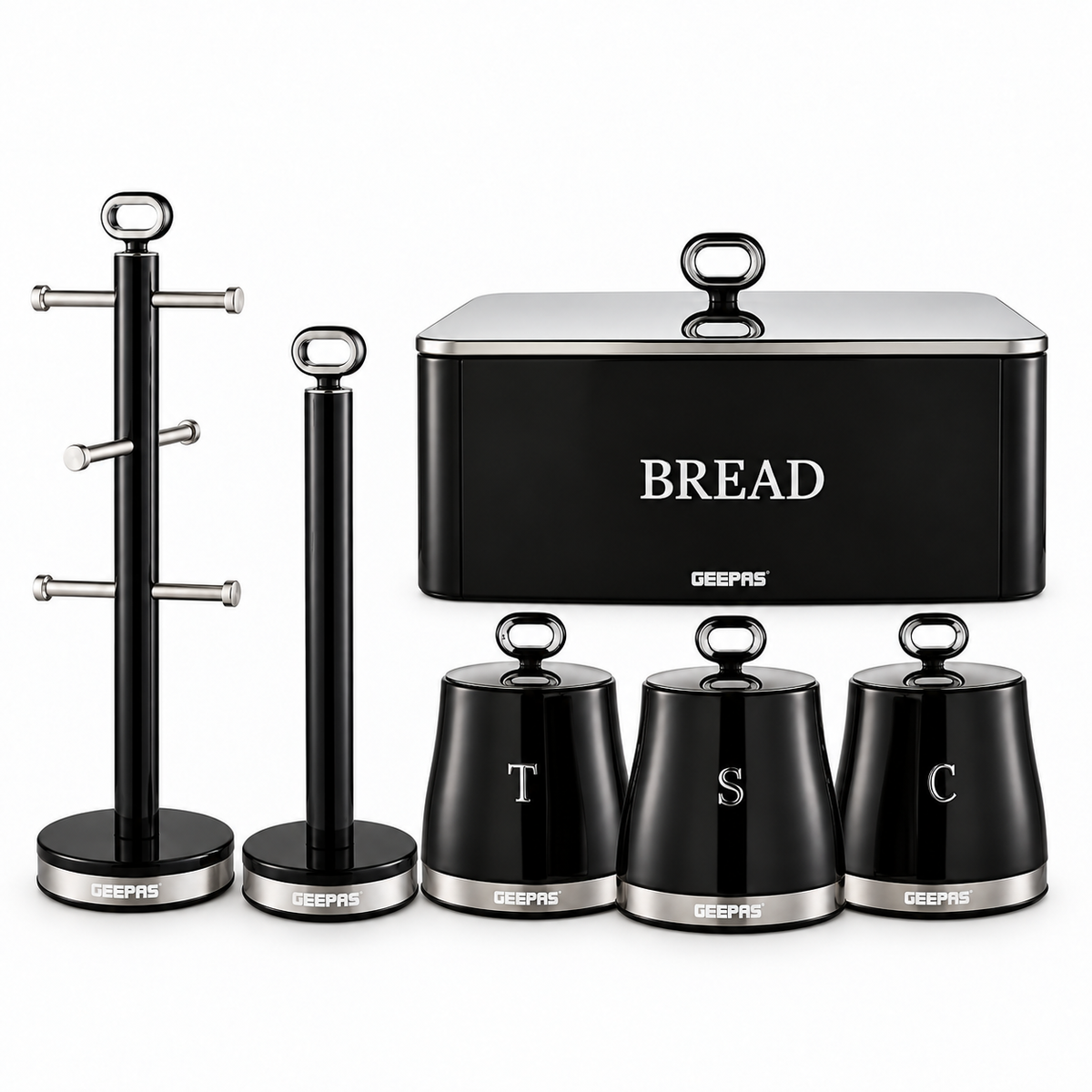 GEEPAS Retrovive Bread Bin, Canisters, Mug Tree & Towel Pole Kitchen Set (Black)