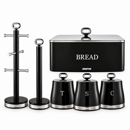 GEEPAS Retrovive Bread Bin, Canisters, Mug Tree & Towel Pole Kitchen Set (Black)