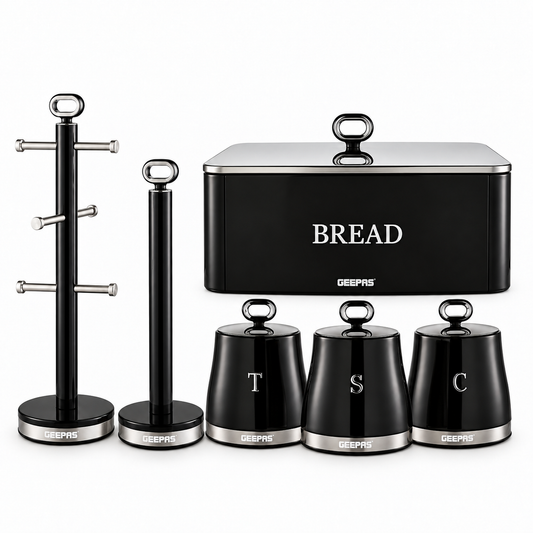 Geepas GEEPAS Retrovive Bread Bin, Canisters, Mug Tree & Towel Pole Kitchen Set (Black)