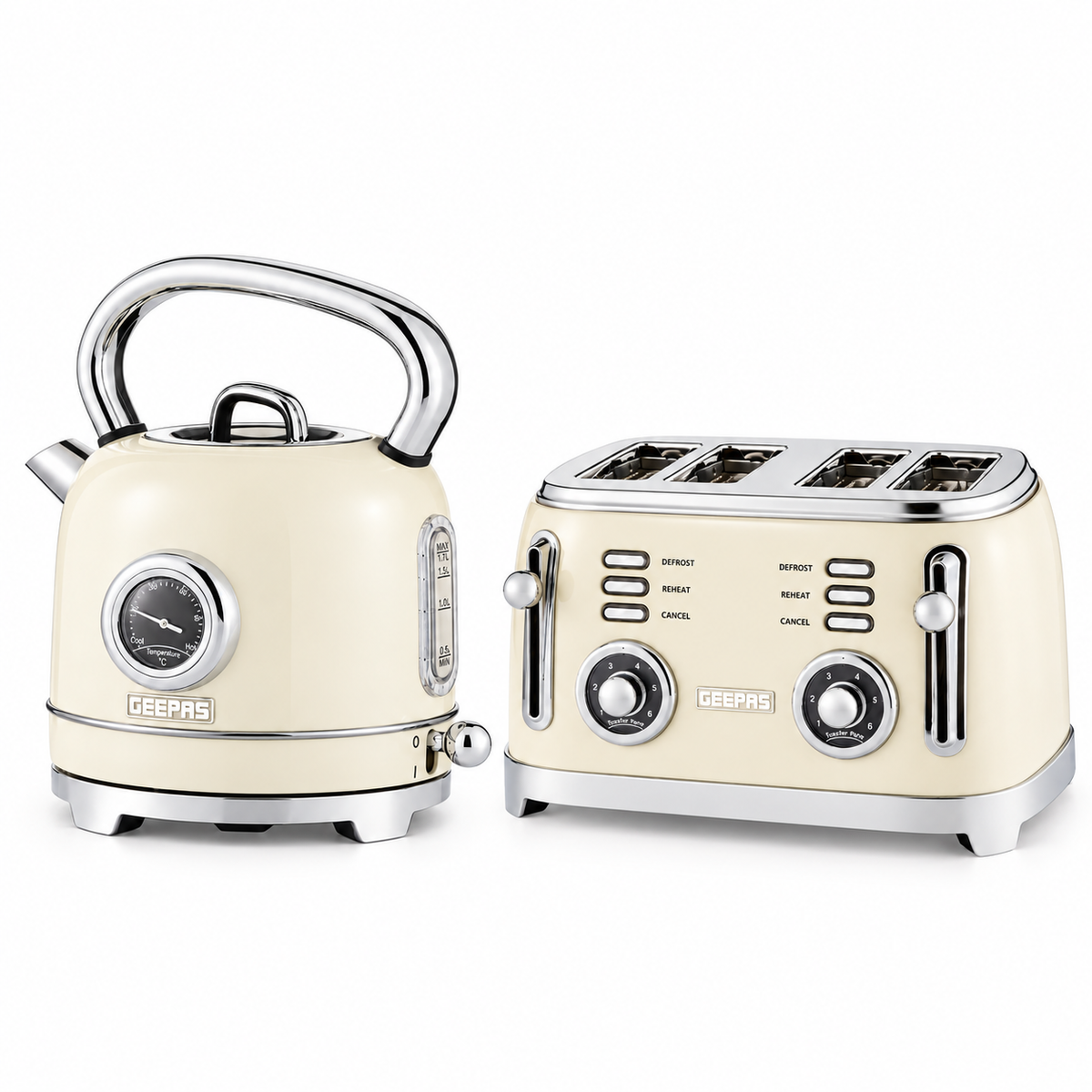 GEEPAS Retrovive Kettle & 4 Slice Toaster Kitchen Set (Cream)