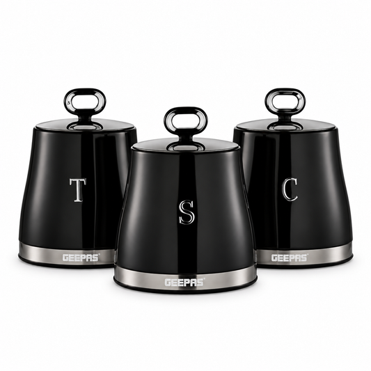 GEEPAS Retrovive Tea, Coffee & Sugar Canisters Set GCS63082UK-BK (Black)