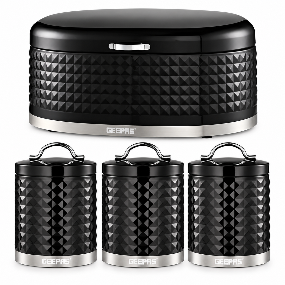 Geepas GEEPAS Argyle Bread Bin & Canisters Kitchen Set (Black)