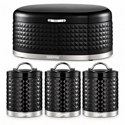Geepas GEEPAS Argyle Bread Bin & Canisters Kitchen Set (Black)