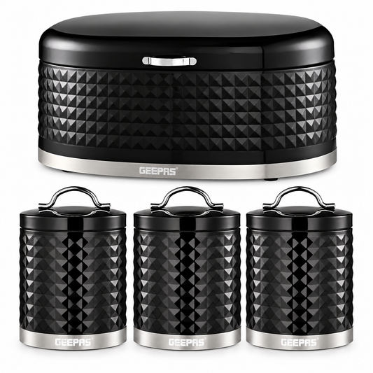 Geepas GEEPAS Argyle Bread Bin & Canisters Kitchen Set (Black)