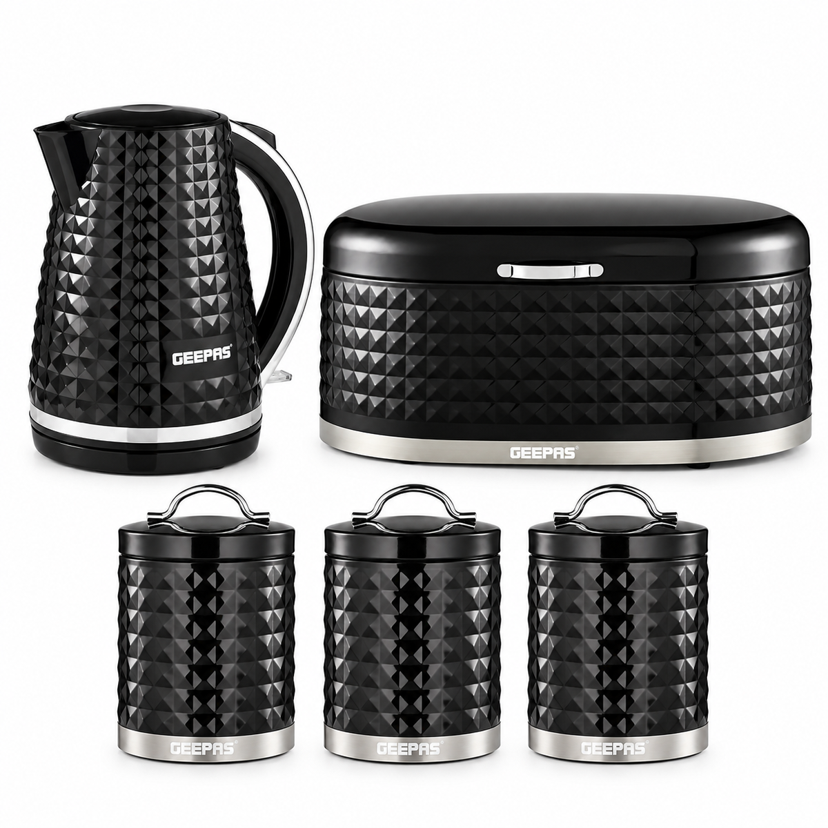 Geepas GEEPAS Argyle Kettle, Bread Bin & Canisters Kitchen Set (Black)