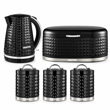 Geepas GEEPAS Argyle Kettle, Bread Bin & Canisters Kitchen Set (Black)