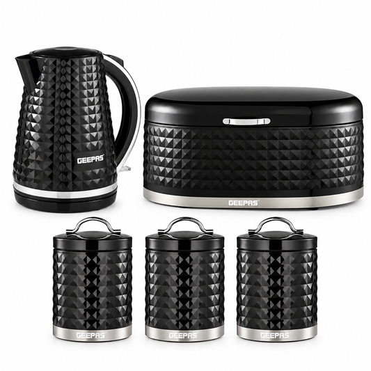 Geepas GEEPAS Argyle Kettle, Bread Bin & Canisters Kitchen Set (Black)
