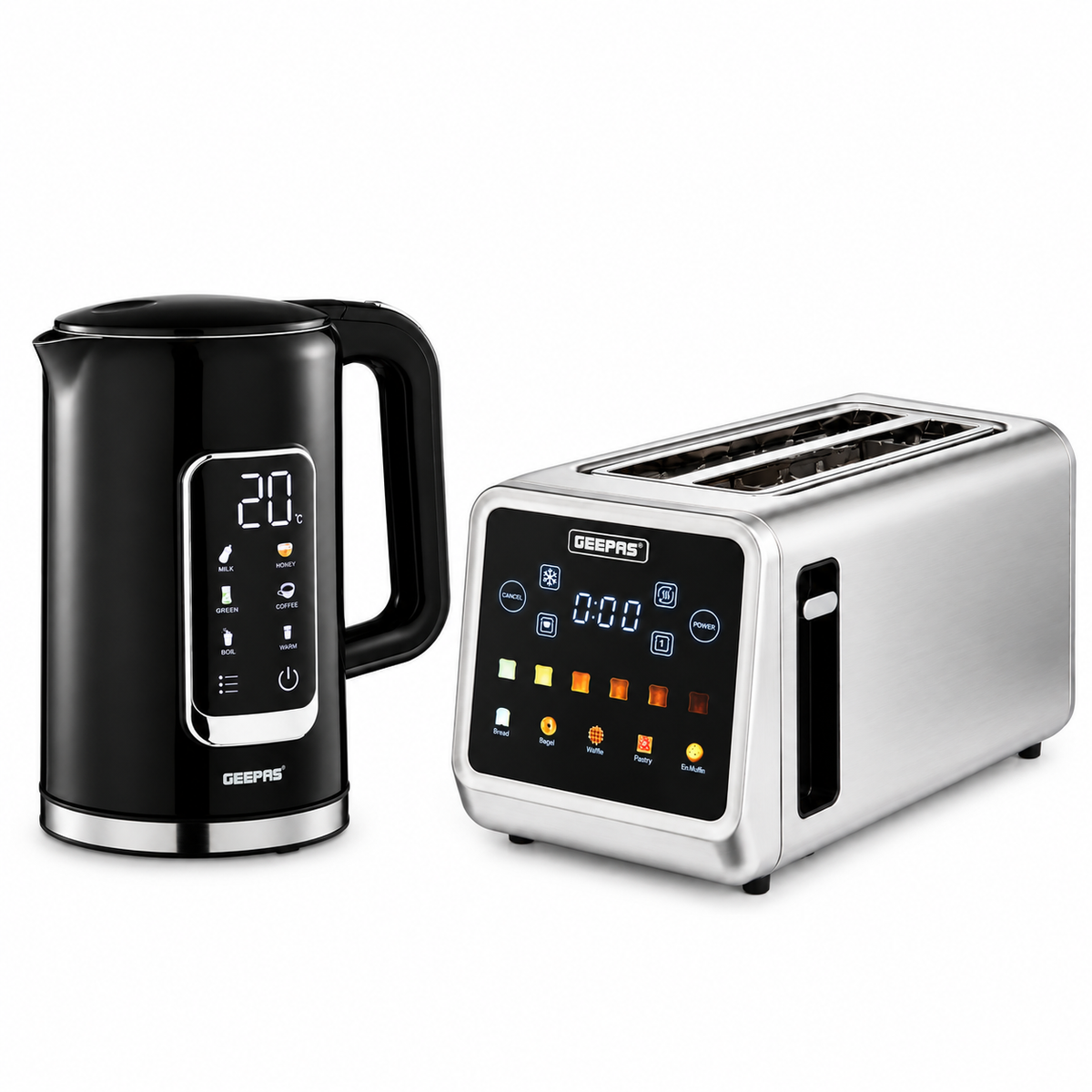 GEEPAS Digital Kettle & 5-in-1 Digital 4 Slice Long Slot Toaster GBT36566UK (Black/Silver)