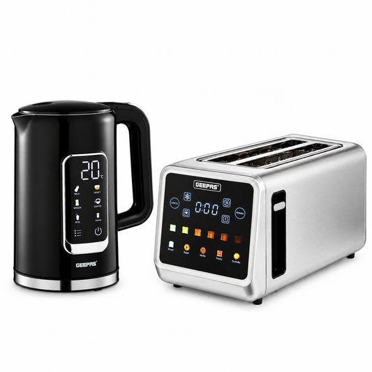 GEEPAS Digital Kettle & 5-in-1 Digital 4 Slice Long Slot Toaster GBT36566UK (Black/Silver)
