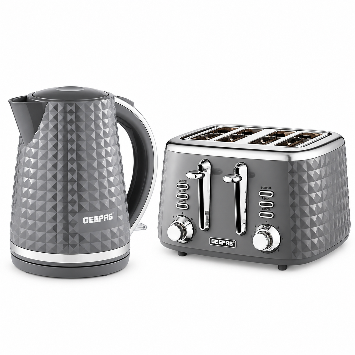 GEEPAS Argyle Kettle & 4 Slice Toaster Kitchen Set (Grey)