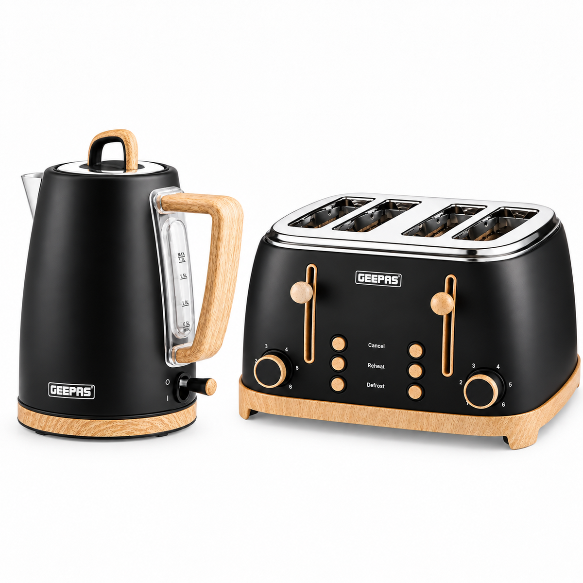 GEEPAS NordiQ Kettle & 4 Slice Toaster Kitchen Set (Black)