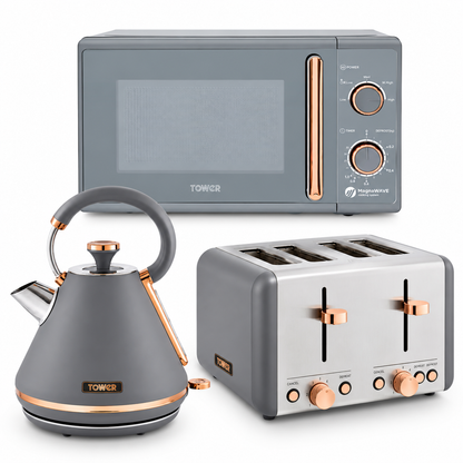 Tower Cavaletto Pyramid Kettle, 4 Slice Toaster & Microwave Kitchen Set (Grey)
