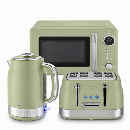 Swan Retro Jug Kettle, 4 Slice Toaster & Microwave Kitchen Set (Green)