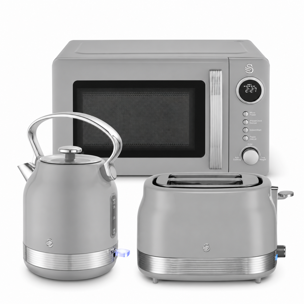 Swan Retro Pyramid Kettle, 2 Slice Toaster & Microwave Kitchen Set (Grey)