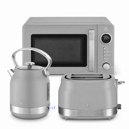 Swan Retro Pyramid Kettle, 2 Slice Toaster & Microwave Kitchen Set (Grey)